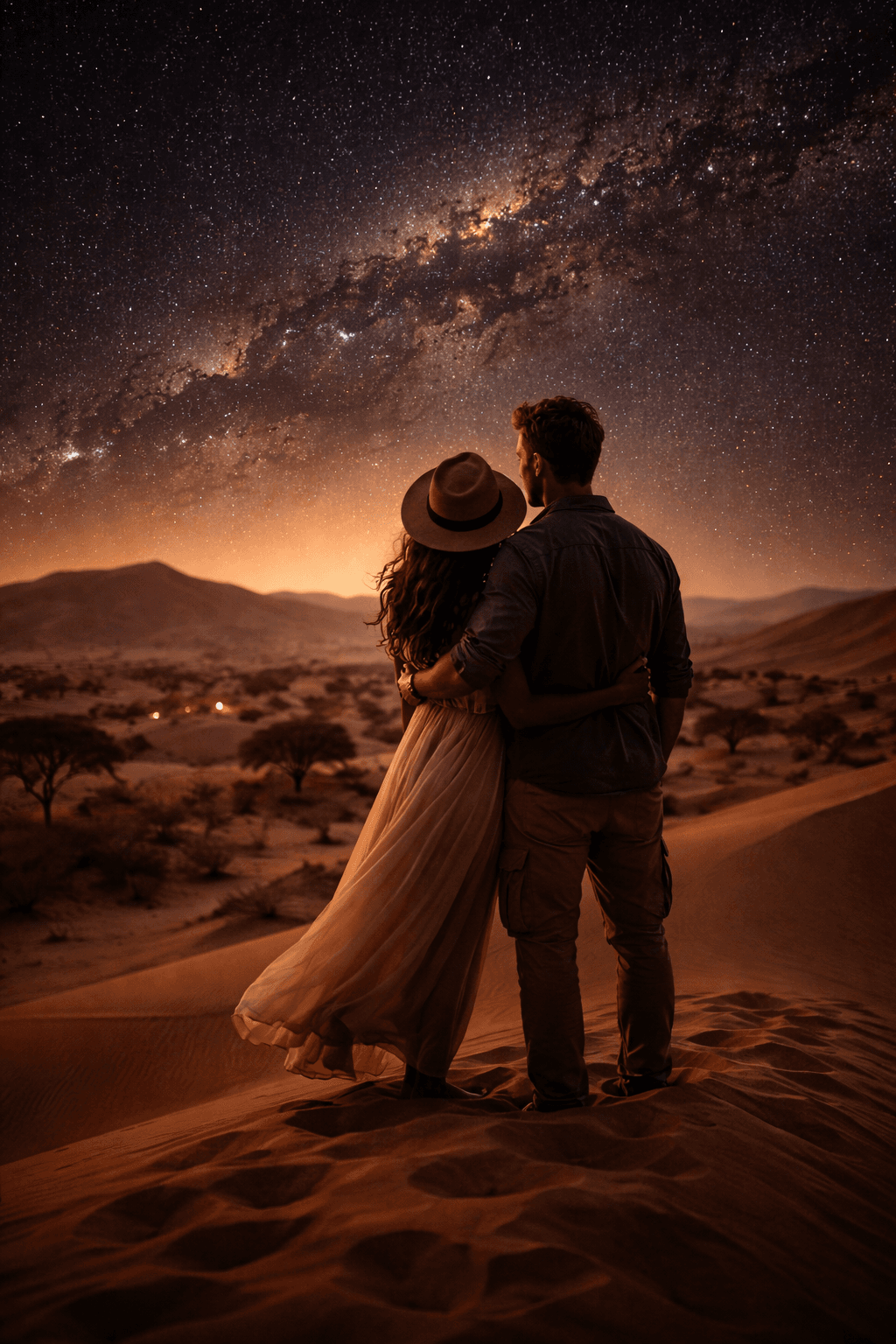 Couple under a starry desert sky